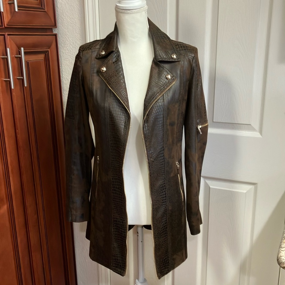 Y2k Vintage LG Lena Gabrielle Brown Leather Jacket Longline Moto Style Size:2